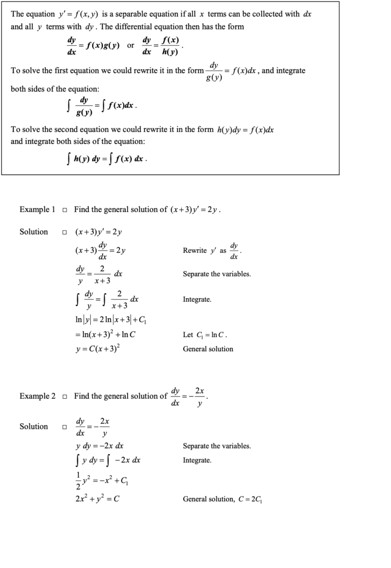 Separable Differential Equations in Further Applications of Integration